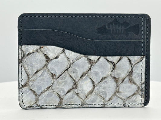 Barramundi leather card holder with grey leather card slots at top and white background - front