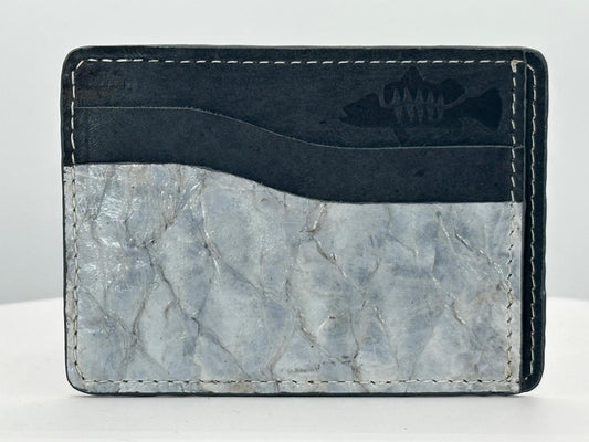 Barramundi leather card holder with grey leather card slots at top and white background - front
