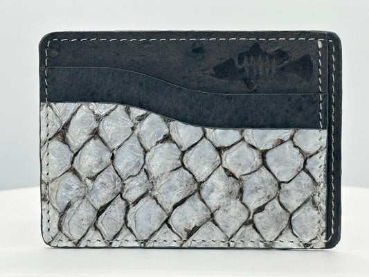 Barramundi leather card holder with grey leather card slots at top and white background - front