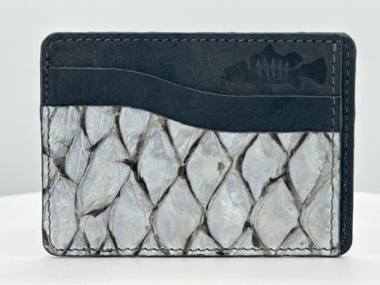 Barramundi leather card holder with grey leather card slots at top and white background - front
