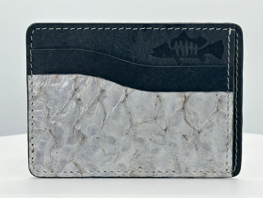 Barramundi leather card holder with grey leather card slots at top and white background - front