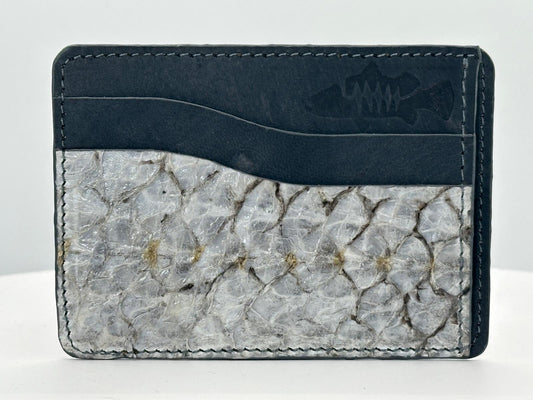 Barramundi leather card holder with grey leather card slots at top and white background - front