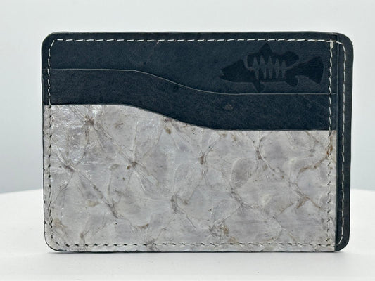 Barramundi leather card holder with grey leather card slots at top and white background - front