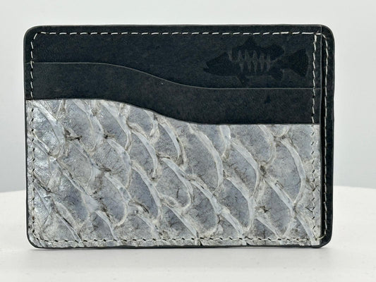 Barramundi leather card holder with grey leather card slots at top and white background - front
