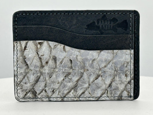 Barramundi leather card holder with grey leather card slots at top and white background - front