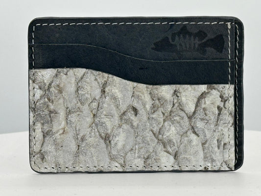 Barramundi leather card holder with grey leather card slots at top and white background - front