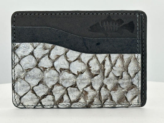 Barramundi leather card holder with grey leather card slots at top and white background - front