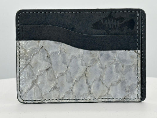 Barramundi leather card holder with grey leather card slots at top and white background - front
