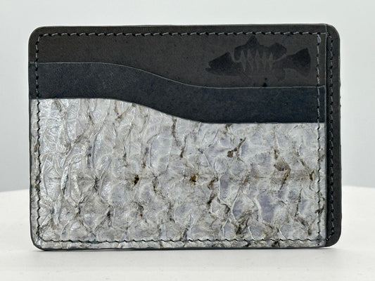 Barramundi leather card holder with grey leather card slots at top and white background - front