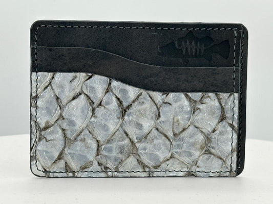 Barramundi leather card holder with grey leather card slots at top and white background - front